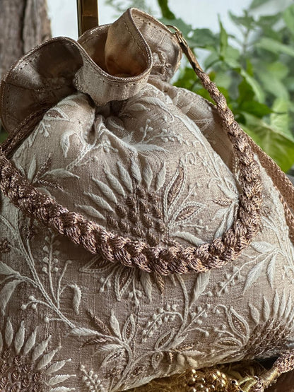 Natural Shade Raw Silk Chikankari Polti Bags