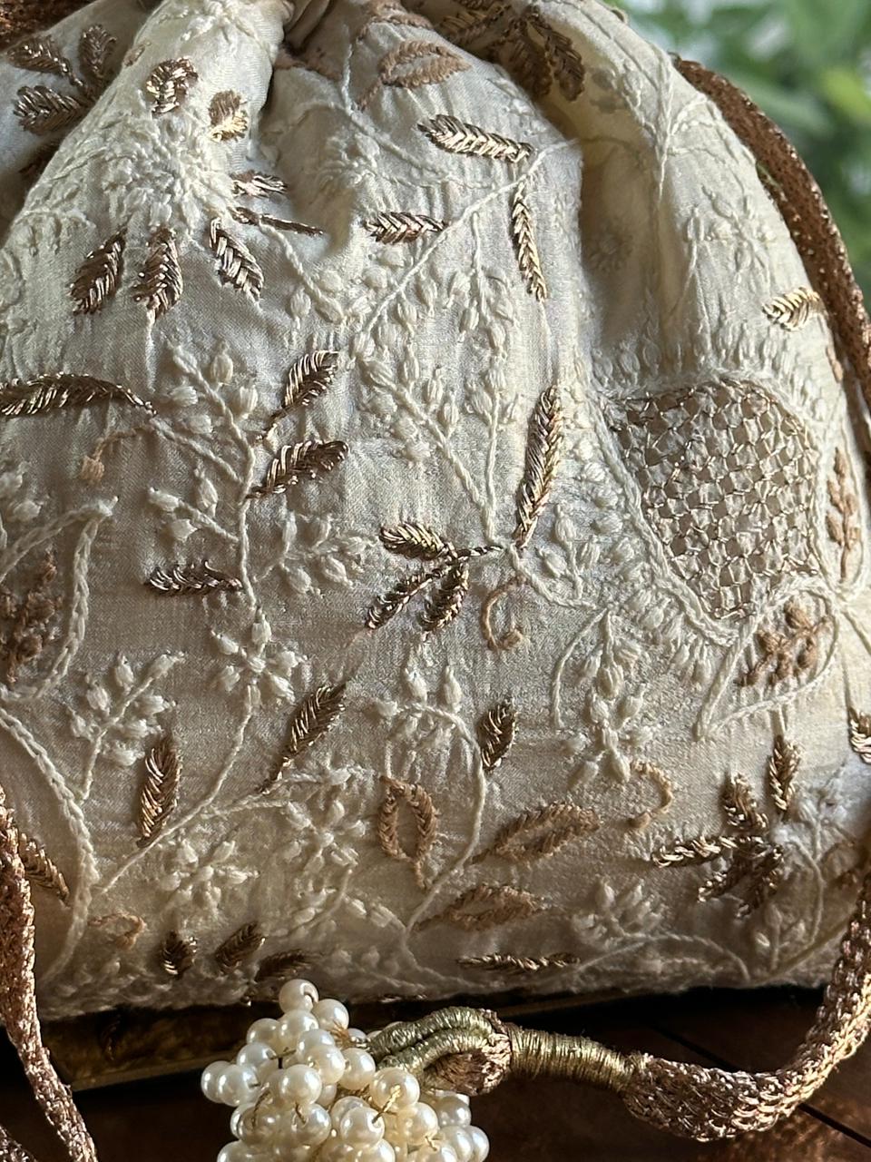 Natural Shade Raw Silk Chikankari Polti Bags