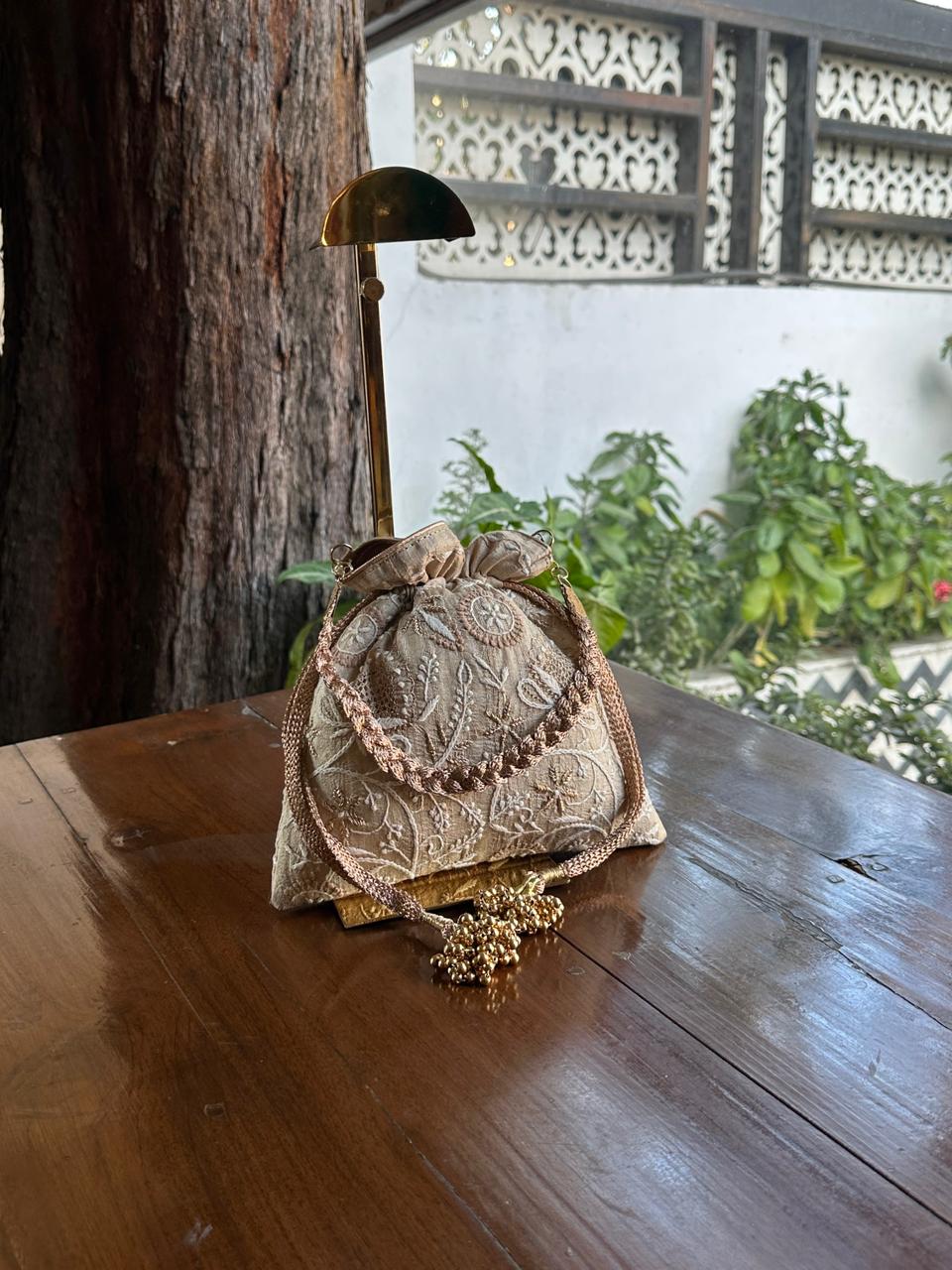 Natural Shade Raw Silk Chikankari Polti Bags