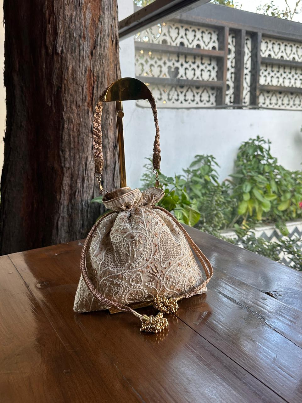 Natural Shade Raw Silk Chikankari Polti Bags