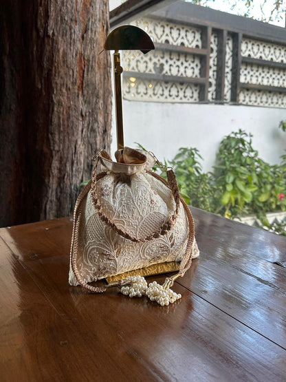 Natural Shade Raw Silk Chikankari Polti Bags