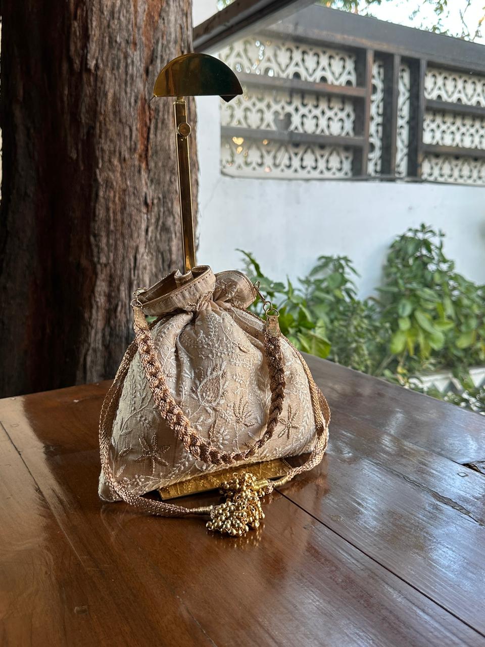 Natural Shade Raw Silk Chikankari Polti Bags