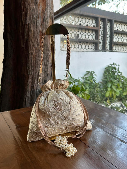 Natural Shade Raw Silk Chikankari Polti Bags