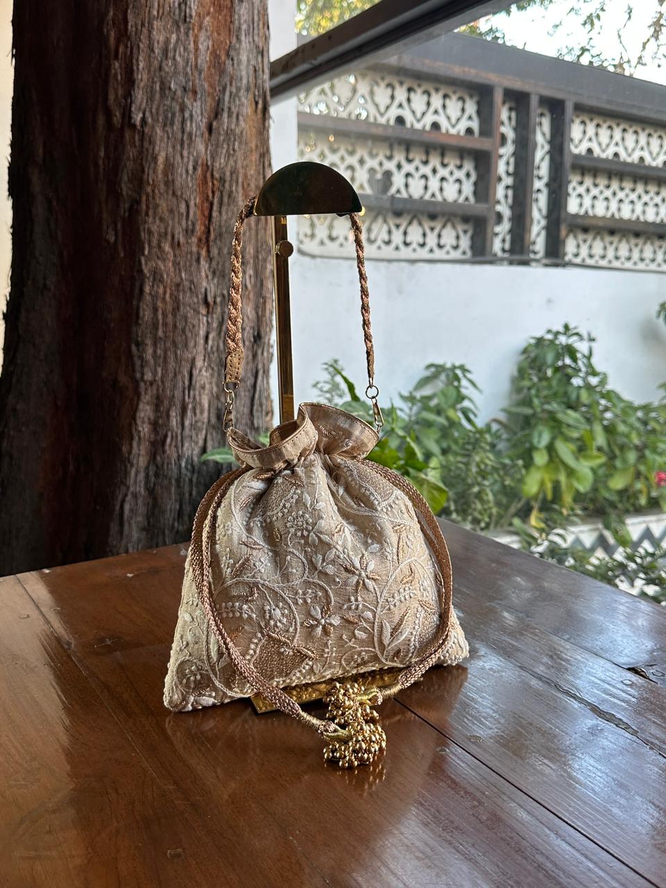 Natural Shade Raw Silk Chikankari Polti Bags
