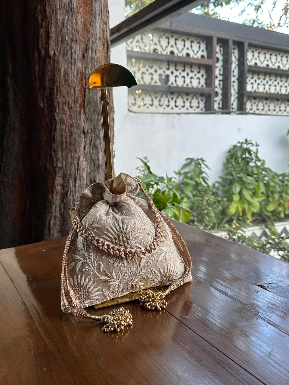 Natural Shade Raw Silk Chikankari Polti Bags