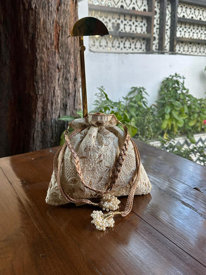 Natural Shade Raw Silk Chikankari Polti Bags