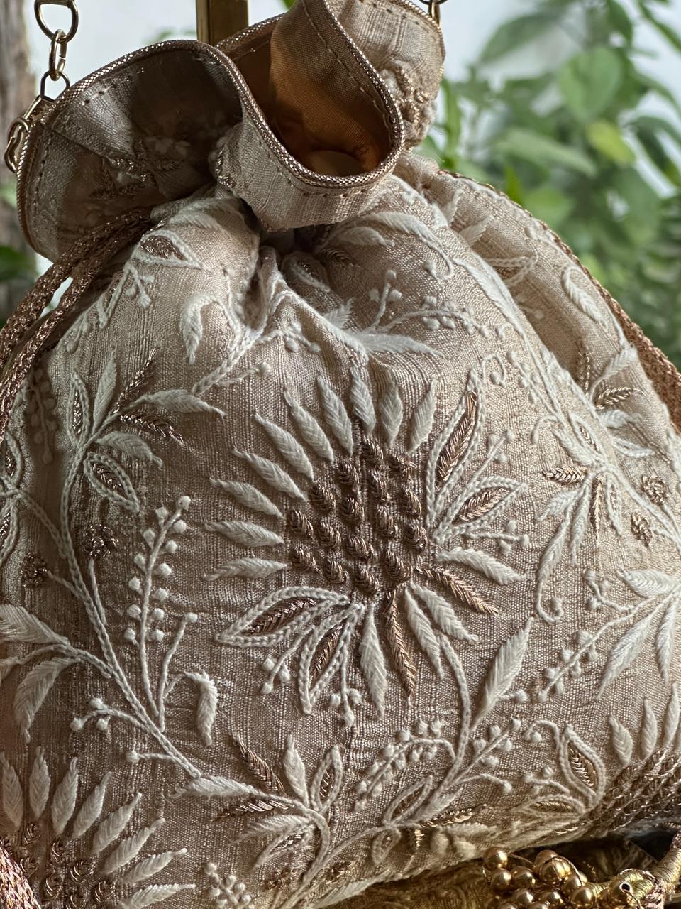 Natural Shade Raw Silk Chikankari Polti Bags