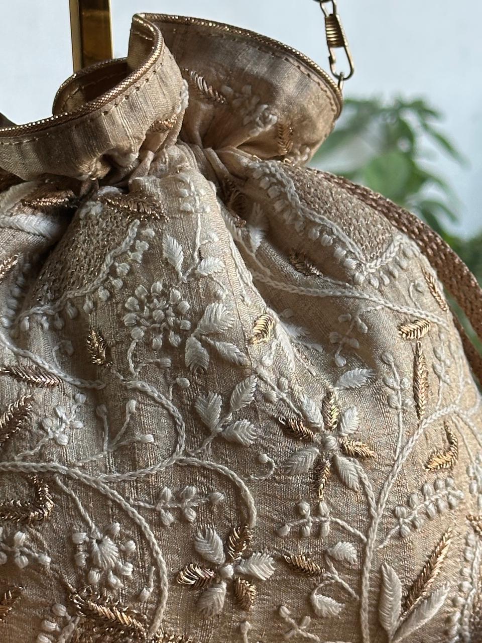 Natural Shade Raw Silk Chikankari Polti Bags
