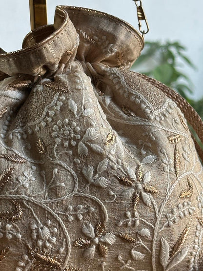 Natural Shade Raw Silk Chikankari Polti Bags