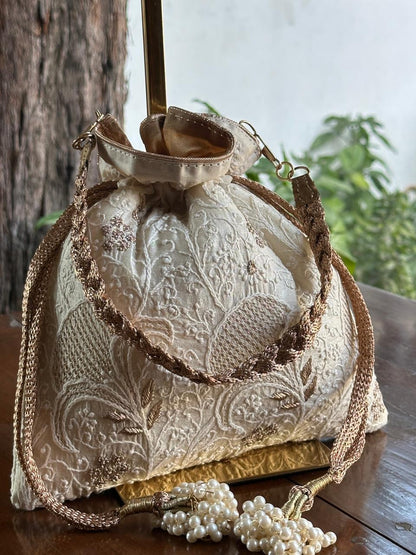 Natural Shade Raw Silk Chikankari Polti Bags