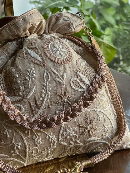 Natural Shade Raw Silk Chikankari Polti Bags