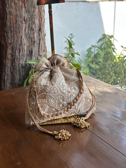 Natural Shade Raw Silk Chikankari Polti Bags