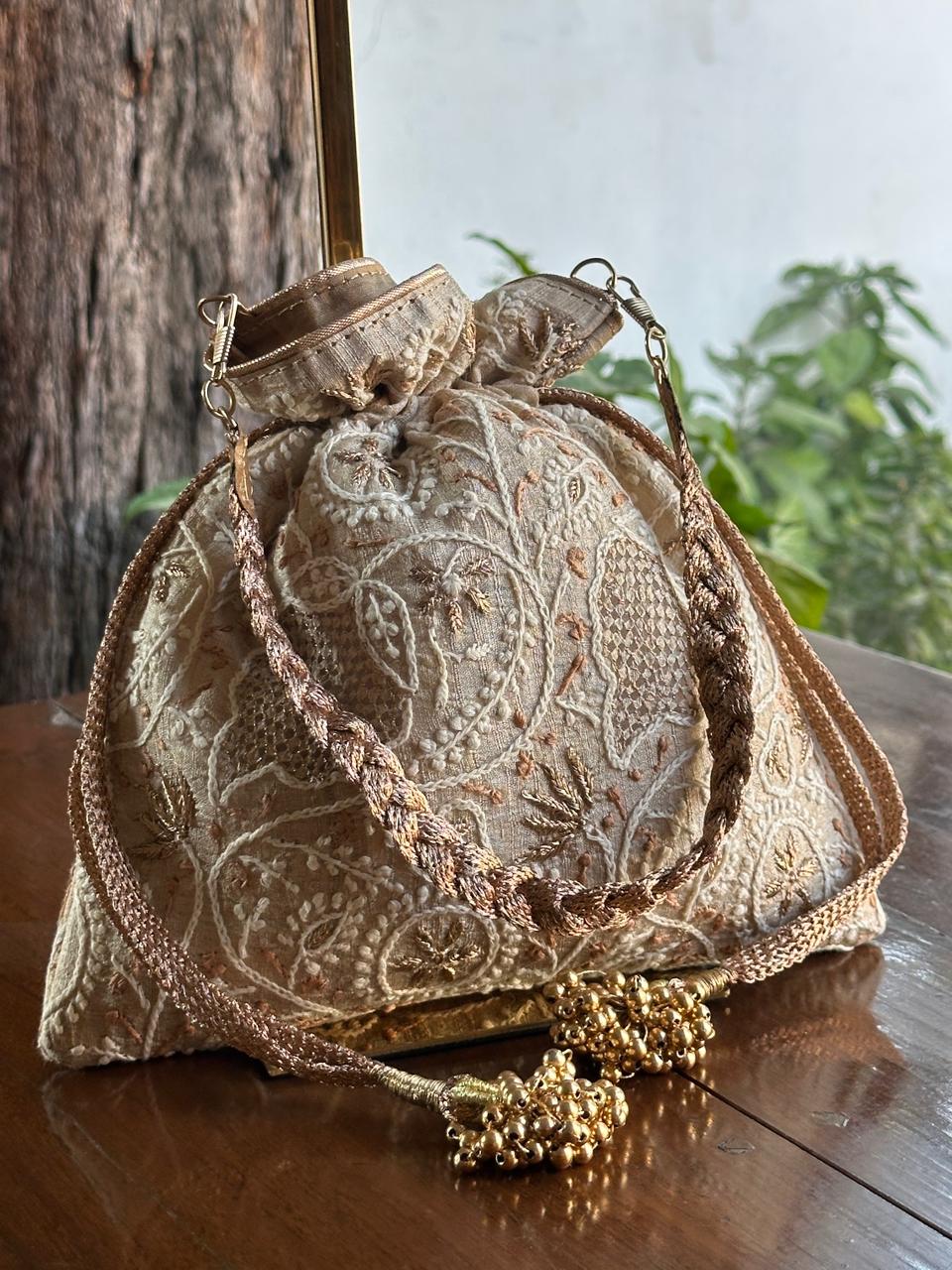 Natural Shade Raw Silk Chikankari Polti Bags