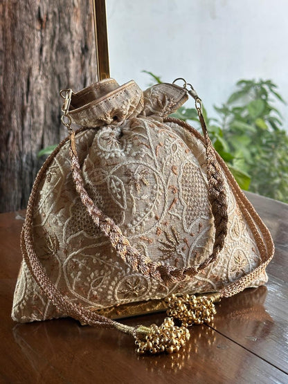 Natural Shade Raw Silk Chikankari Polti Bags