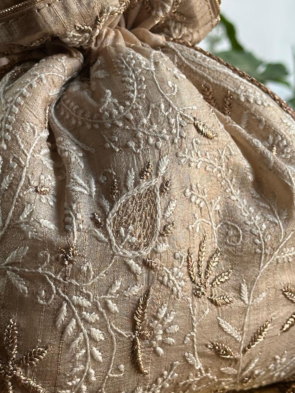 Natural Shade Raw Silk Chikankari Polti Bags