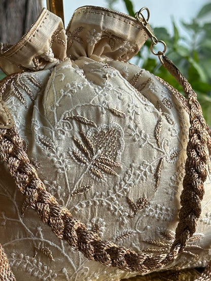 Natural Shade Raw Silk Chikankari Polti Bags