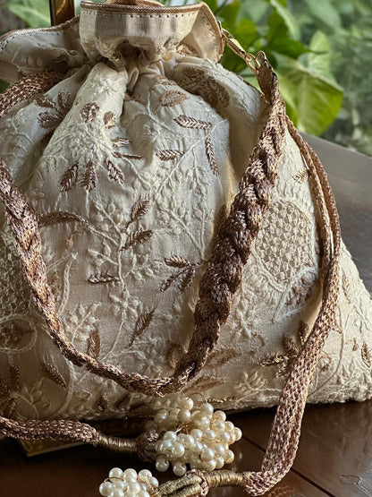 Natural Shade Raw Silk Chikankari Polti Bags