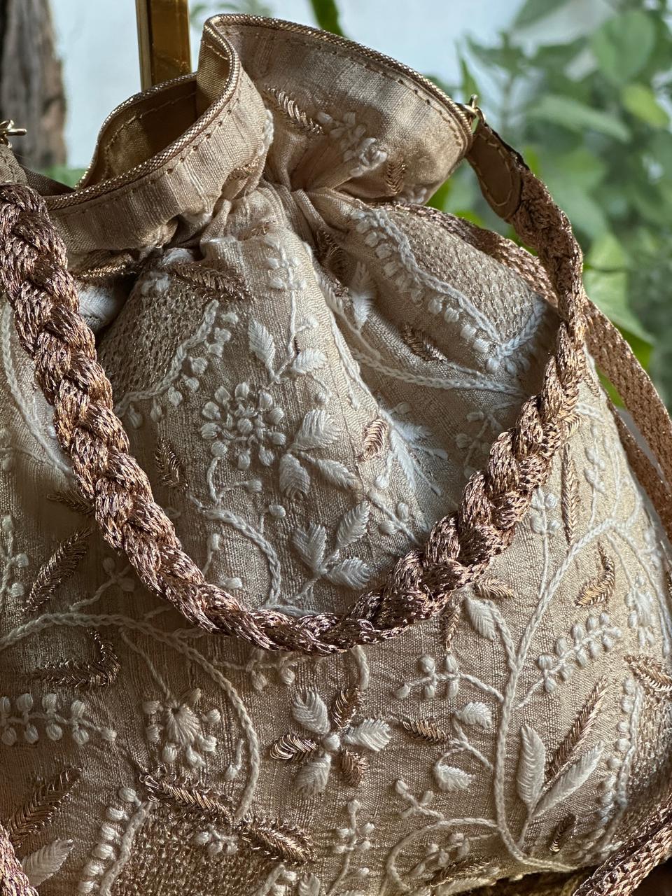 Natural Shade Raw Silk Chikankari Polti Bags