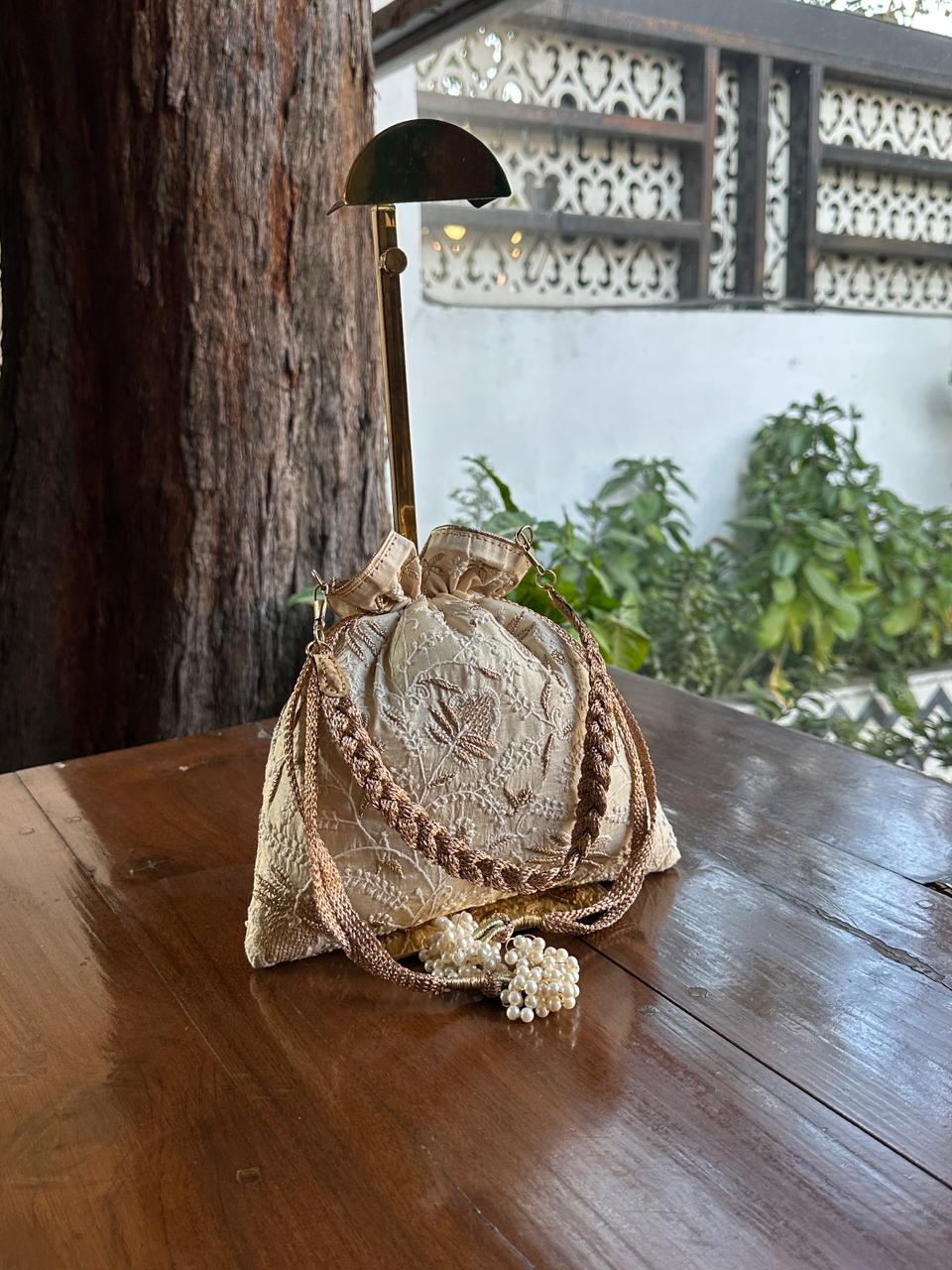 Natural Shade Raw Silk Chikankari Polti Bags