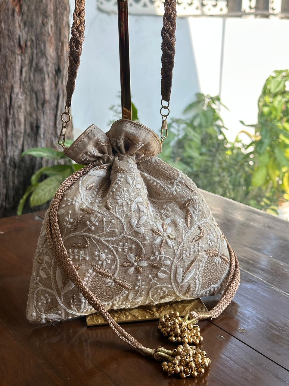 Natural Shade Raw Silk Chikankari Polti Bags