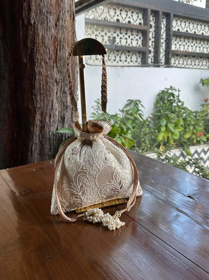 Natural Shade Raw Silk Chikankari Polti Bags