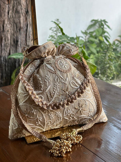 Natural Shade Raw Silk Chikankari Polti Bags
