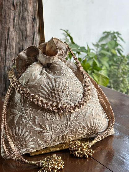 Natural Shade Raw Silk Chikankari Polti Bags
