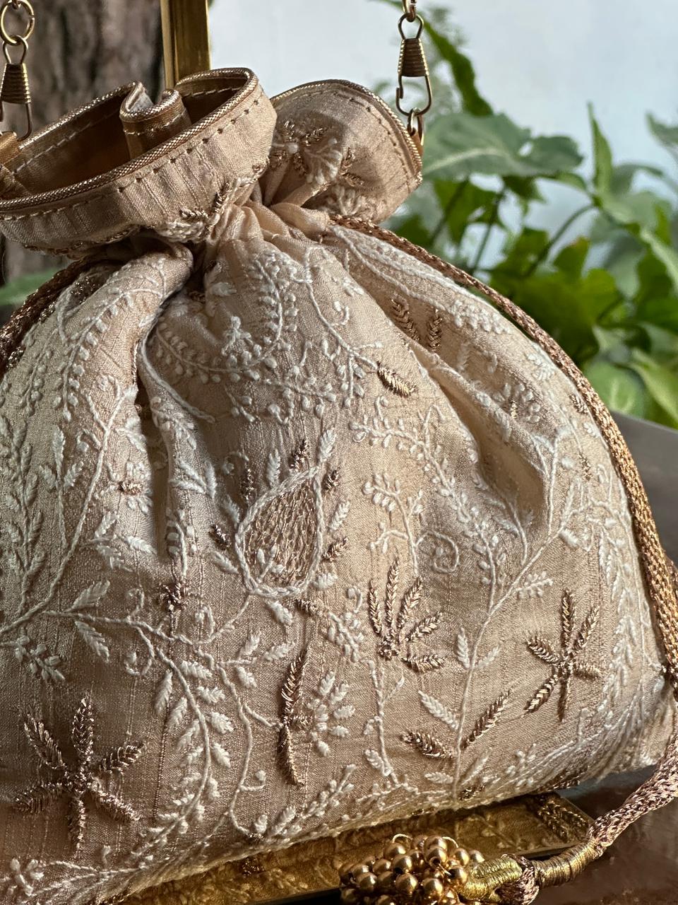 Natural Shade Raw Silk Chikankari Polti Bags
