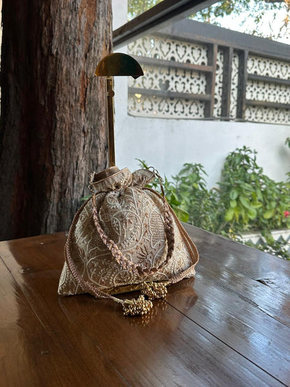 Natural Shade Raw Silk Chikankari Polti Bags