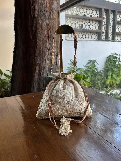 Natural Shade Raw Silk Chikankari Polti Bags