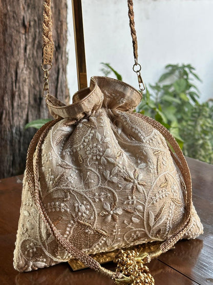 Natural Shade Raw Silk Chikankari Polti Bags