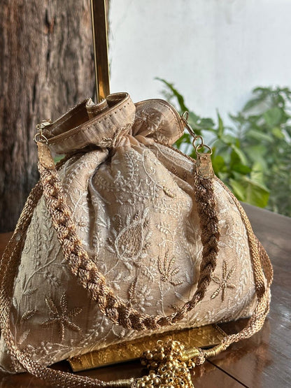 Natural Shade Raw Silk Chikankari Polti Bags