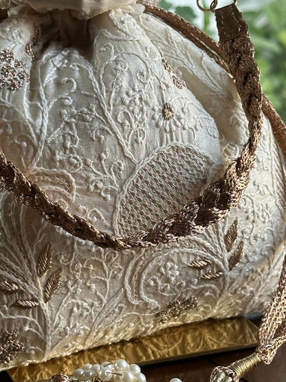 Natural Shade Raw Silk Chikankari Polti Bags