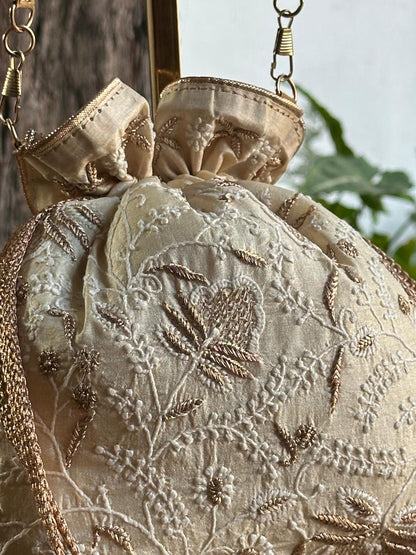 Natural Shade Raw Silk Chikankari Polti Bags