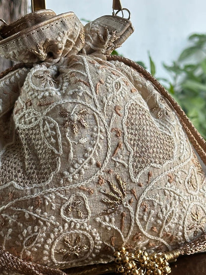 Natural Shade Raw Silk Chikankari Polti Bags