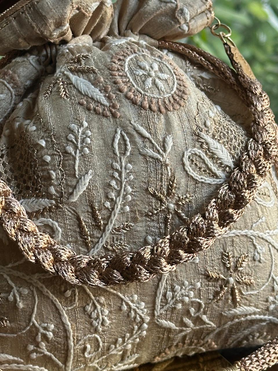 Natural Shade Raw Silk Chikankari Polti Bags