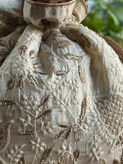 Natural Shade Raw Silk Chikankari Polti Bags