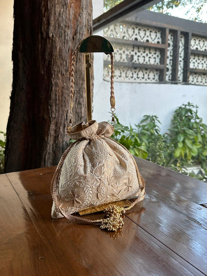 Natural Shade Raw Silk Chikankari Polti Bags