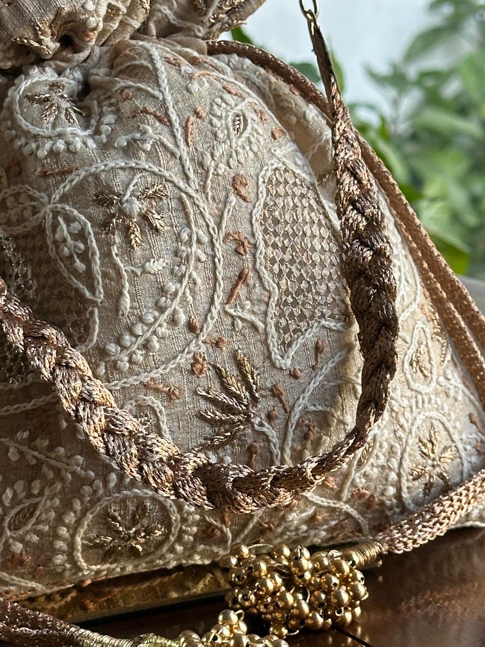 Natural Shade Raw Silk Chikankari Polti Bags