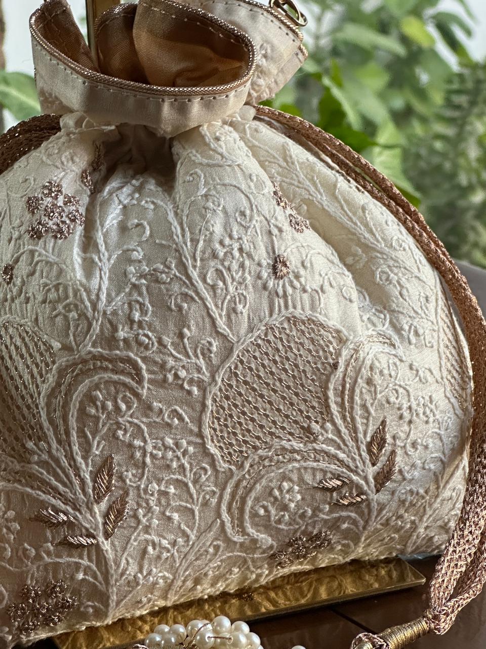 Natural Shade Raw Silk Chikankari Polti Bags