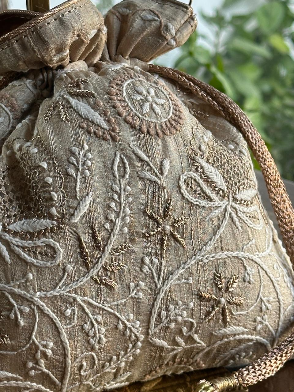 Natural Shade Raw Silk Chikankari Polti Bags