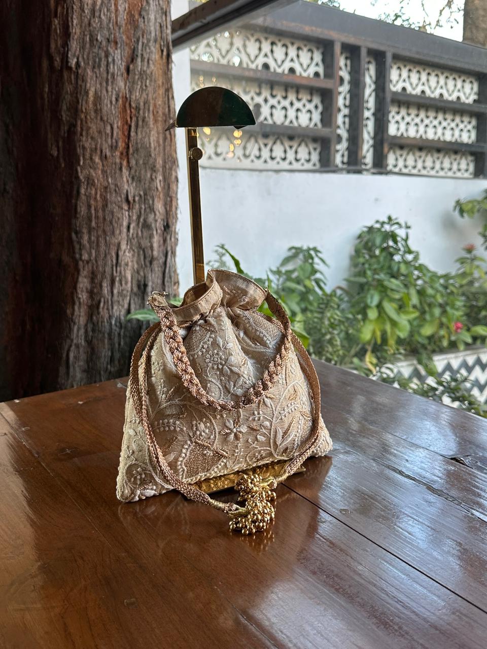 Natural Shade Raw Silk Chikankari Polti Bags