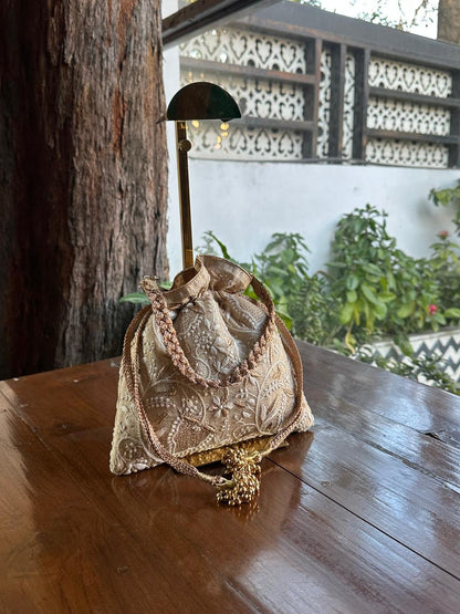 Natural Shade Raw Silk Chikankari Polti Bags
