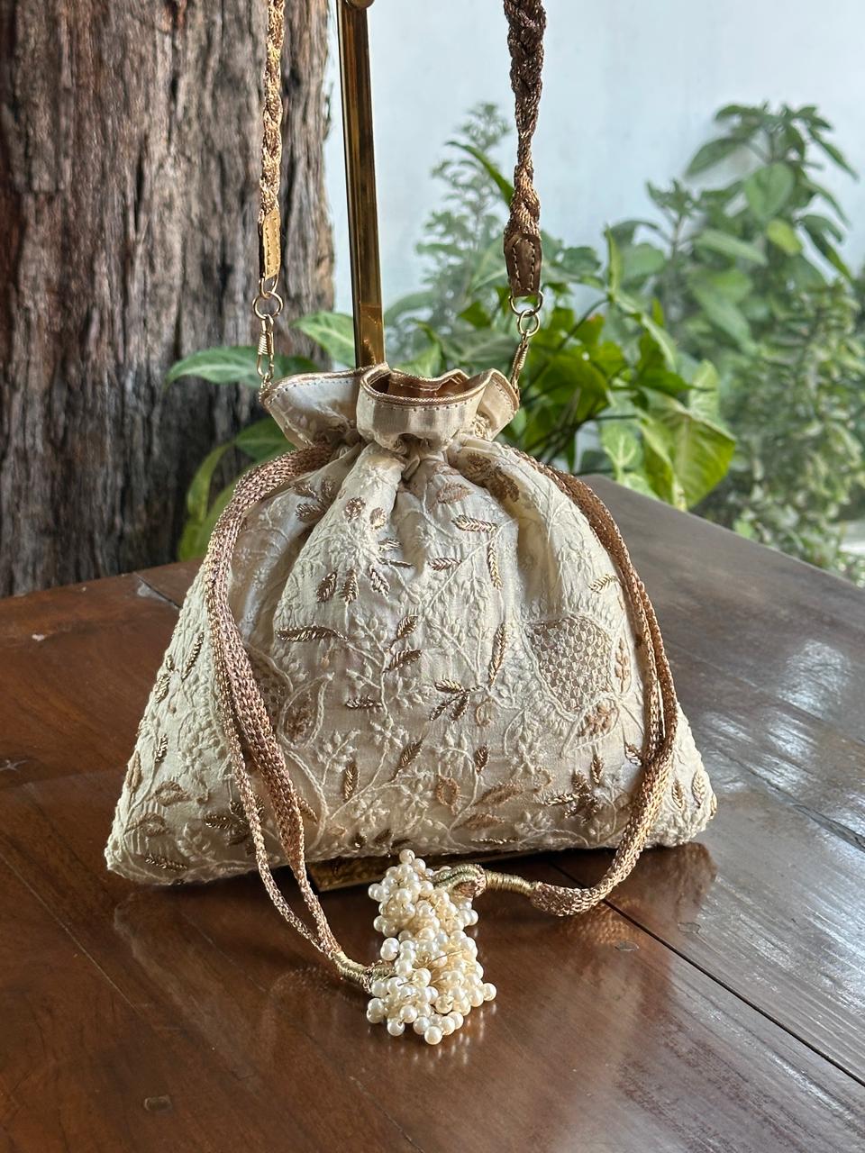 Natural Shade Raw Silk Chikankari Polti Bags