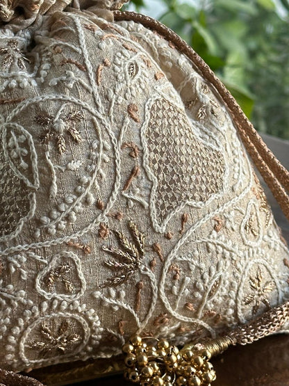 Natural Shade Raw Silk Chikankari Polti Bags