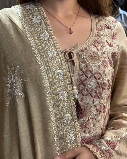 Natural Shade Fine Chikankari Ari Tissue Silk Dupatta