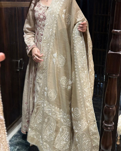 Natural Shade Fine Chikankari Ari Tissue Silk Dupatta
