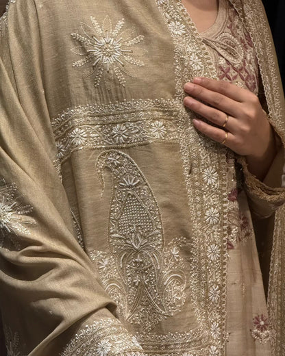 Natural Shade Fine Chikankari Ari Tissue Silk Dupatta