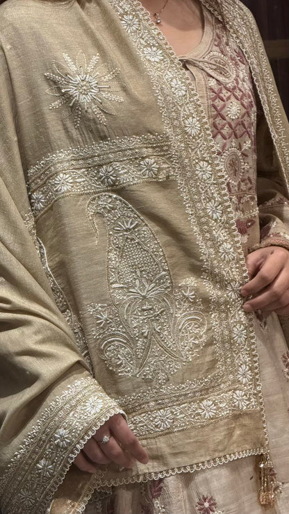 Natural Shade Fine Chikankari Ari Tissue Silk Dupatta