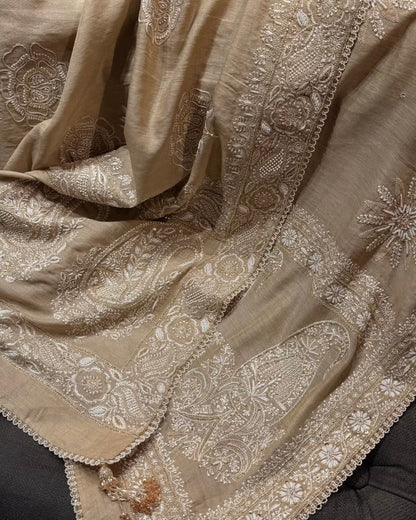 Natural Shade Fine Chikankari Ari Tissue Silk Dupatta